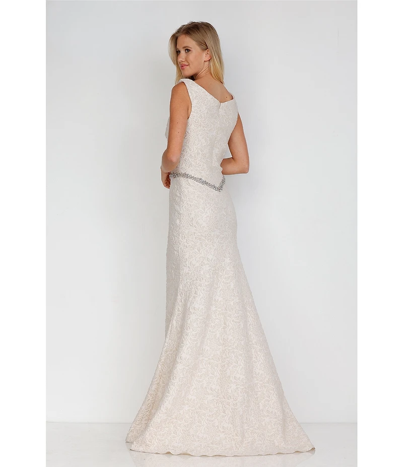 Terani Couture Brocade Twisted Short Sleeve Beaded Waist Mermaid Gown