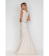 Terani Couture Brocade Twisted Short Sleeve Beaded Waist Mermaid Gown