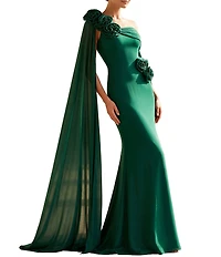 Terani Couture Chiffon Asymmetrical Neckline Floral Applique Sheath Gown