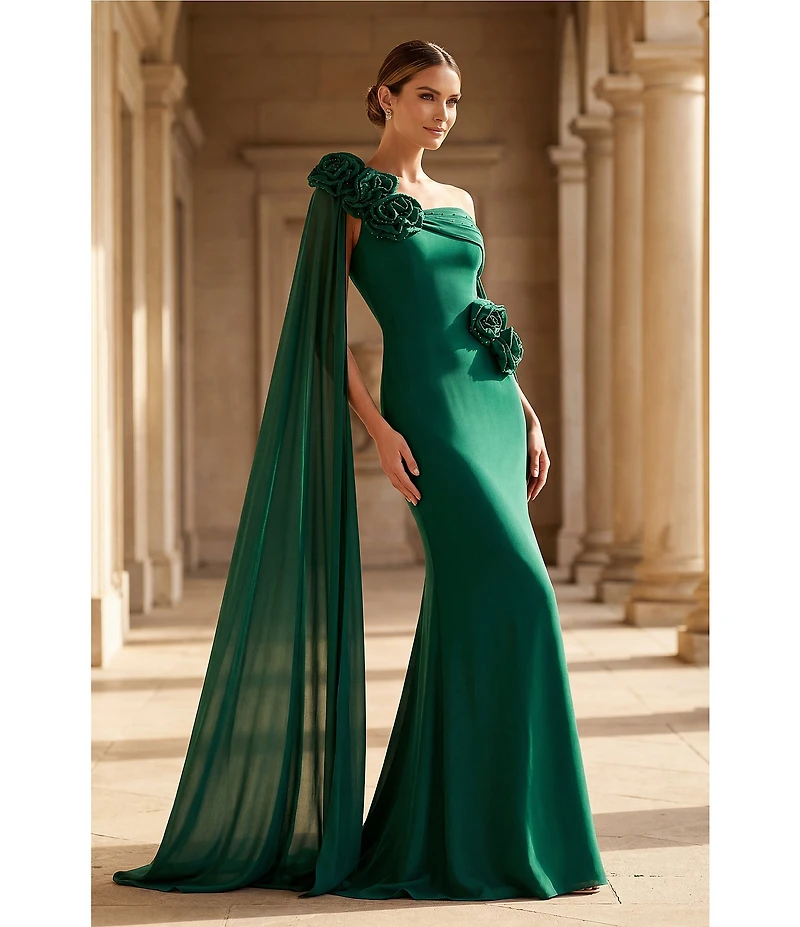 Terani Couture Chiffon Asymmetrical Neckline Floral Applique Sheath Gown