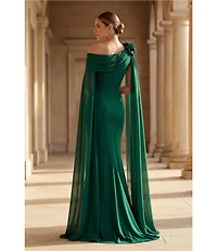 Terani Couture Chiffon Asymmetrical Neckline Floral Applique Sheath Gown