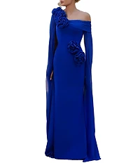 Terani Couture Chiffon Asymmetrical Neckline Floral Applique Sheath Gown