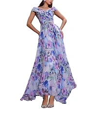Terani Couture Chiffon Floral Off-The-Shoulder Pleated A-Line Gown