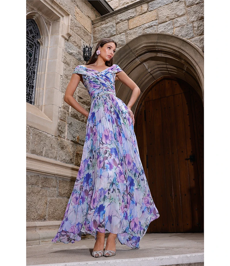 Terani Couture Chiffon Floral Off-The-Shoulder Pleated A-Line Gown