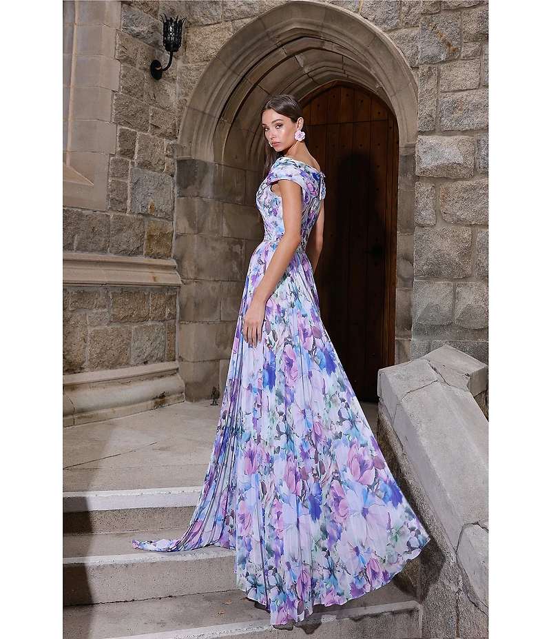Terani Couture Chiffon Floral Off-The-Shoulder Pleated A-Line Gown