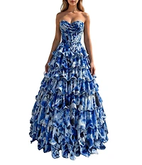 Terani Couture Chiffon Floral Print Strapless Tiered A-Line Gown