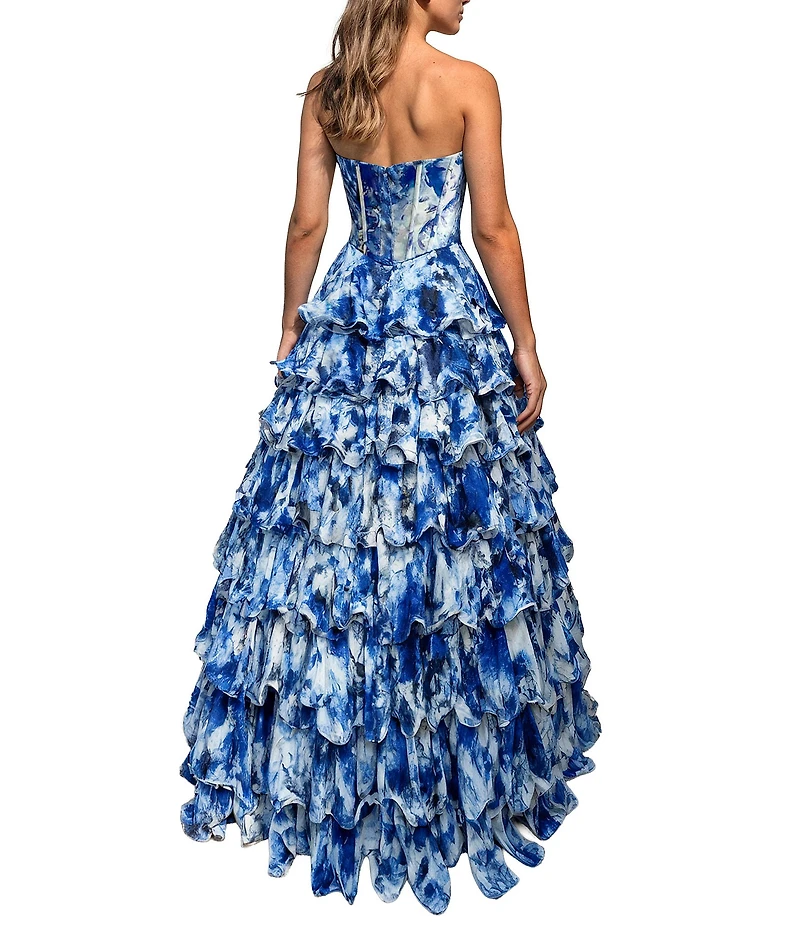 Terani Couture Chiffon Floral Print Strapless Tiered A-Line Gown