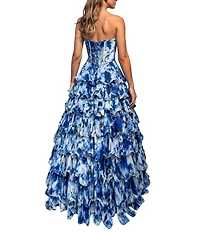 Terani Couture Chiffon Floral Print Strapless Tiered A-Line Gown