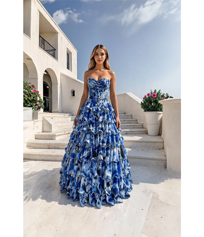 Terani Couture Chiffon Floral Print Strapless Tiered A-Line Gown