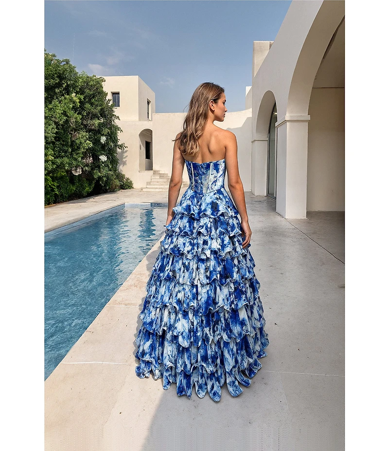 Terani Couture Chiffon Floral Print Strapless Tiered A-Line Gown