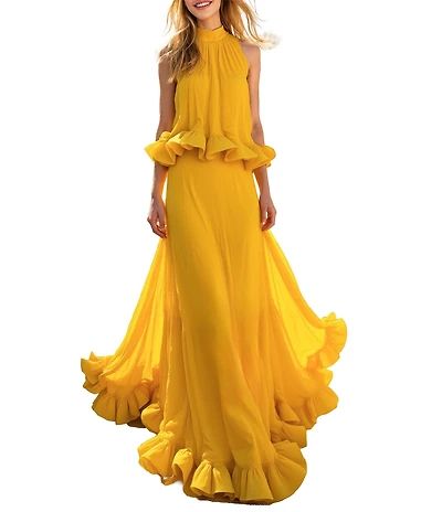 Terani Couture Chiffon Halter Neck Peplum Ruffle Long Gown