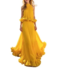 Terani Couture Chiffon Halter Neck Peplum Ruffle Long Gown