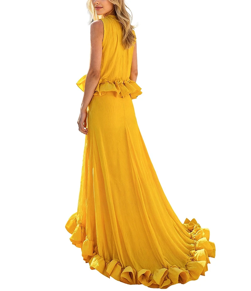 Terani Couture Chiffon Halter Neck Peplum Ruffle Long Gown