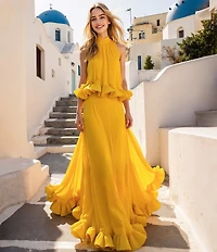 Terani Couture Chiffon Halter Neck Peplum Ruffle Long Gown