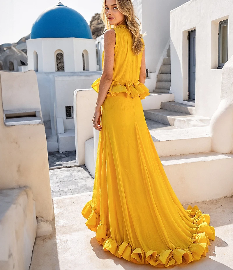 Terani Couture Chiffon Halter Neck Peplum Ruffle Long Gown