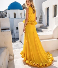 Terani Couture Chiffon Halter Neck Peplum Ruffle Long Gown