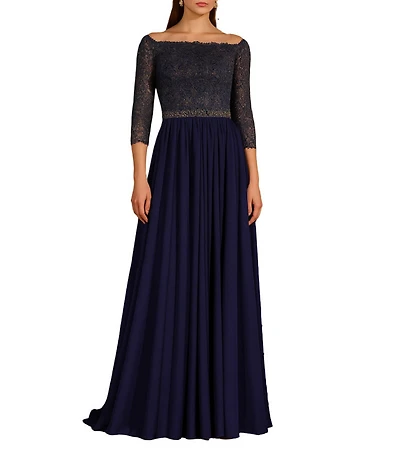 Terani Couture Chiffon Lace Beaded 3/4 Sleeve Off-The-Shoulder Gown