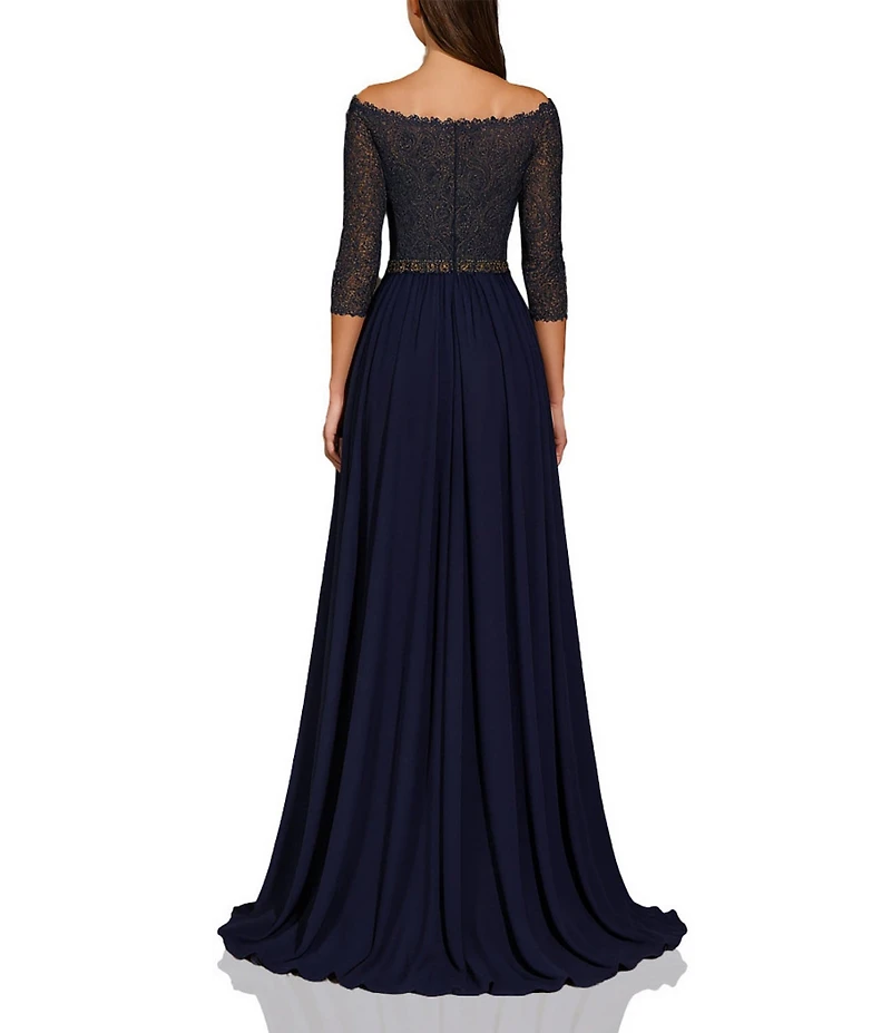 Terani Couture Chiffon Lace Beaded 3/4 Sleeve Off-The-Shoulder Gown
