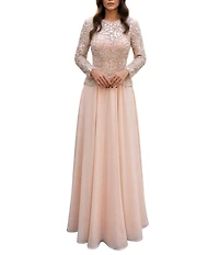 Terani Couture Chiffon Lace Crew Neck Long Sleeve Beaded Bodice Long Dress
