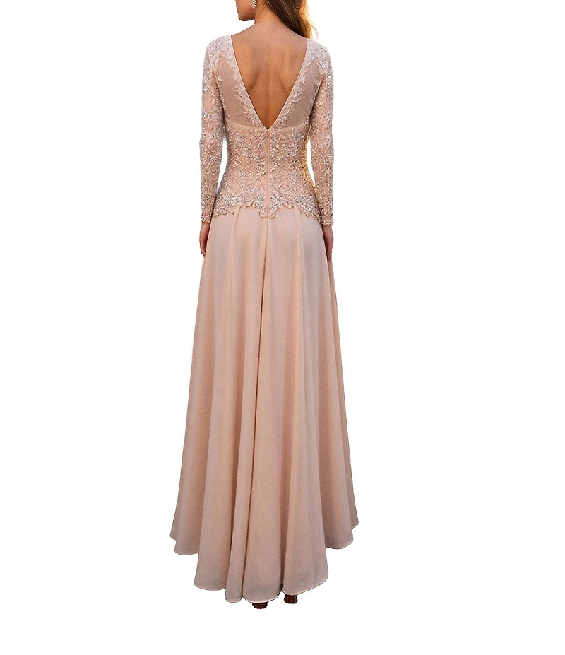 Terani Couture Chiffon Lace Crew Neck Long Sleeve Beaded Bodice Long Dress