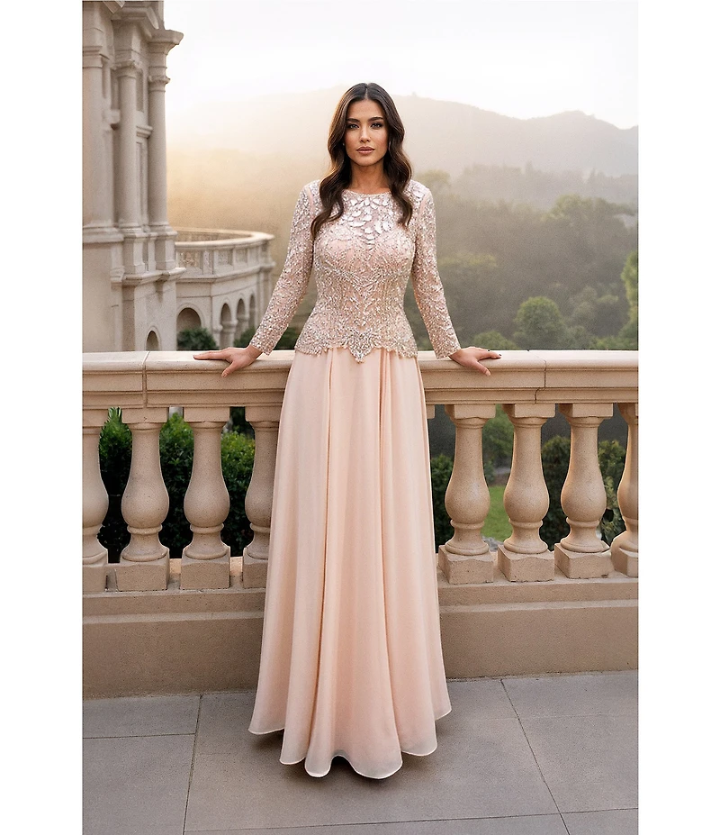Terani Couture Chiffon Lace Crew Neck Long Sleeve Beaded Bodice Long Dress