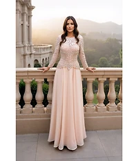 Terani Couture Chiffon Lace Crew Neck Long Sleeve Beaded Bodice Long Dress