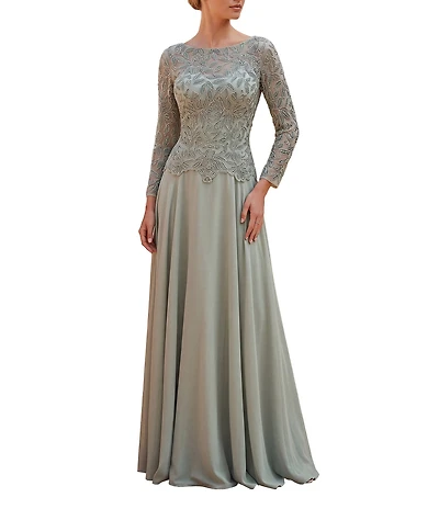 Terani Couture Chiffon Lace Crew Neck Long Sleeve Beaded Bodice Long Dress