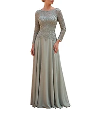 Terani Couture Chiffon Lace Crew Neck Long Sleeve Beaded Bodice Long Dress