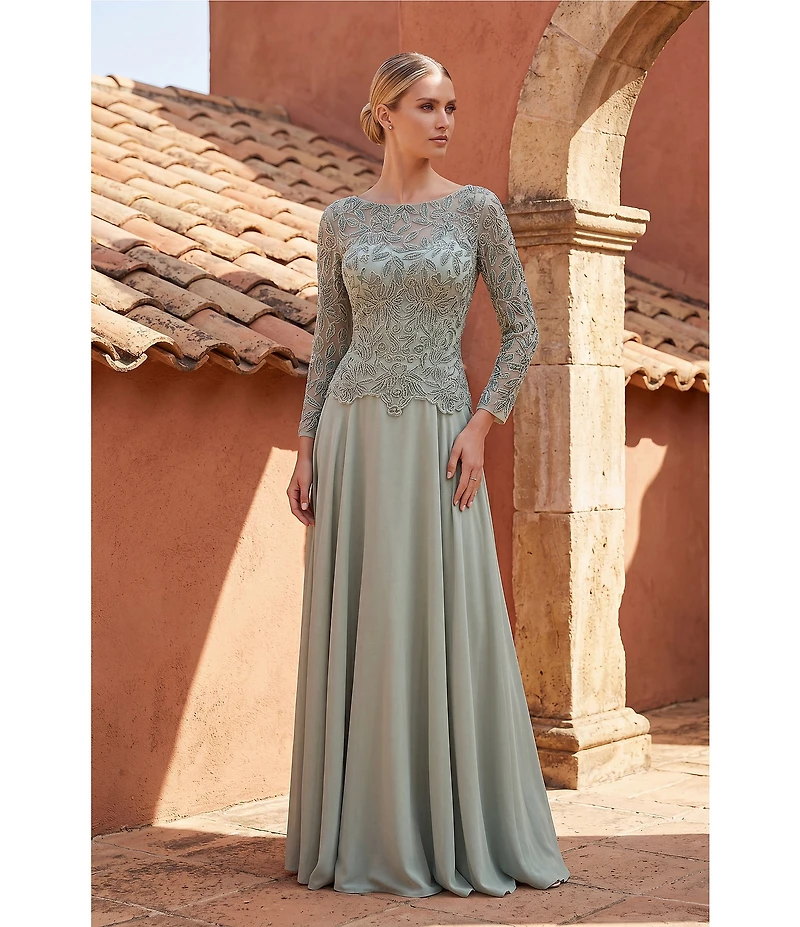 Terani Couture Chiffon Lace Crew Neck Long Sleeve Beaded Bodice Long Dress