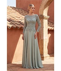 Terani Couture Chiffon Lace Crew Neck Long Sleeve Beaded Bodice Long Dress