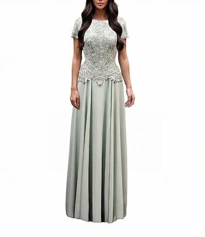 Terani Couture Chiffon Short Sleeve Beaded Bodice Long Dress