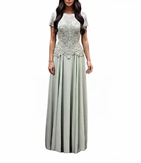 Terani Couture Chiffon Short Sleeve Beaded Bodice Long Dress