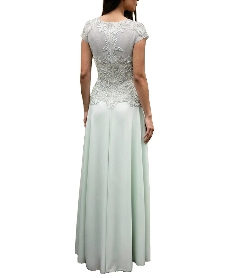 Terani Couture Chiffon Short Sleeve Beaded Bodice Long Dress