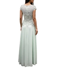 Terani Couture Chiffon Short Sleeve Beaded Bodice Long Dress