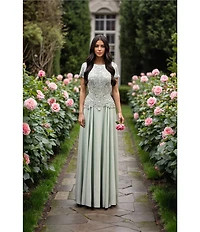 Terani Couture Chiffon Short Sleeve Beaded Bodice Long Dress