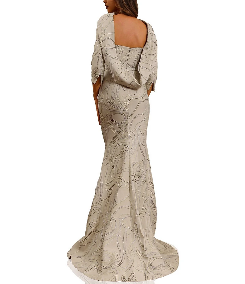 Terani Couture Cowl Back 3/4 Sleeves Jacquard Sheath Gown