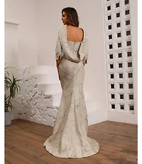 Terani Couture Cowl Back 3/4 Sleeves Jacquard Sheath Gown