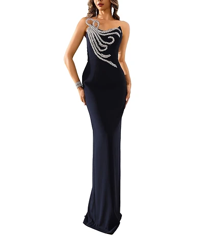 Terani Couture Crepe Beaded Scoop Neckline Sheath Gown