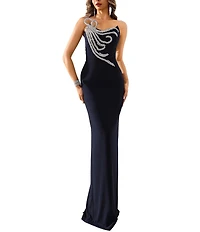 Terani Couture Crepe Beaded Scoop Neckline Sheath Gown