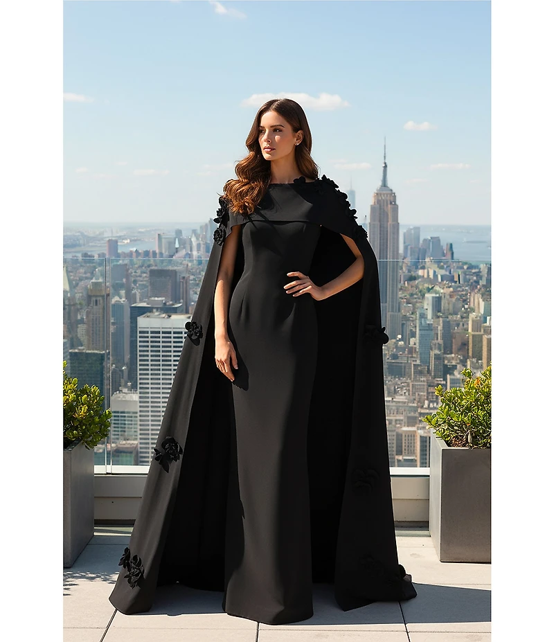 Terani Couture Crepe Cape Overlay 3D Floral Applique Sheath Dress