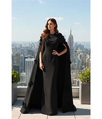 Terani Couture Crepe Cape Overlay 3D Floral Applique Sheath Dress