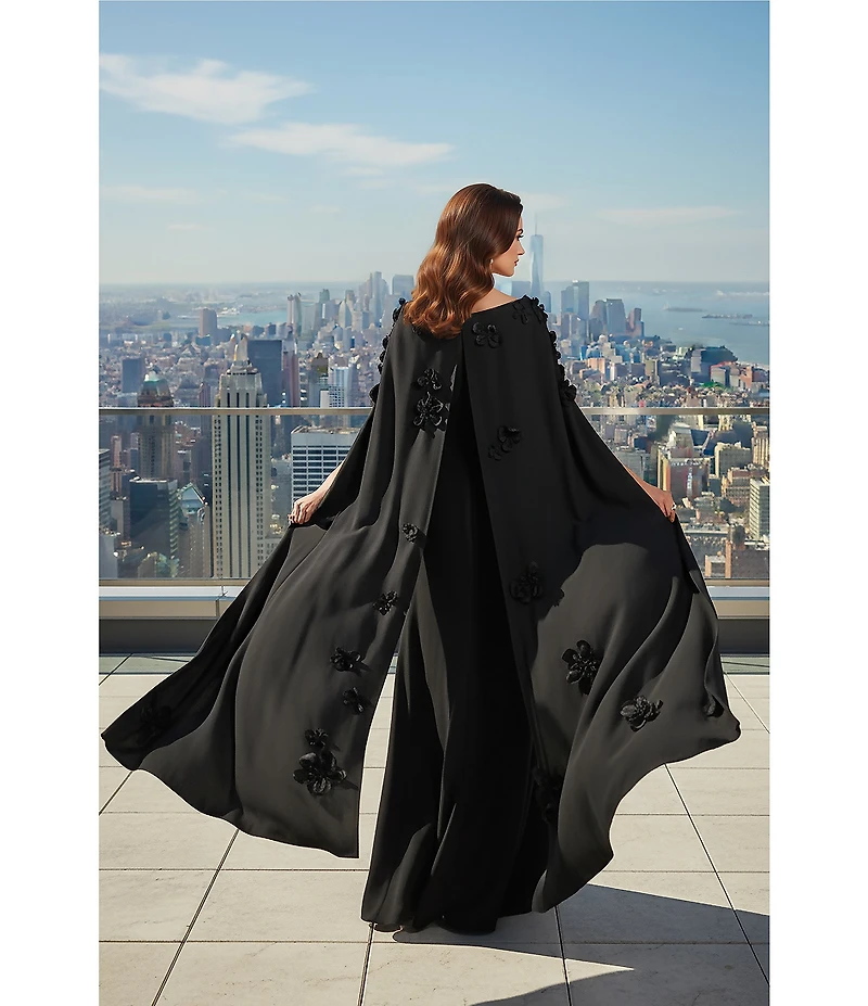 Terani Couture Crepe Cape Overlay 3D Floral Applique Sheath Dress