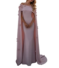 Terani Couture Crepe Cape Overlay 3D Floral Applique Sheath Dress