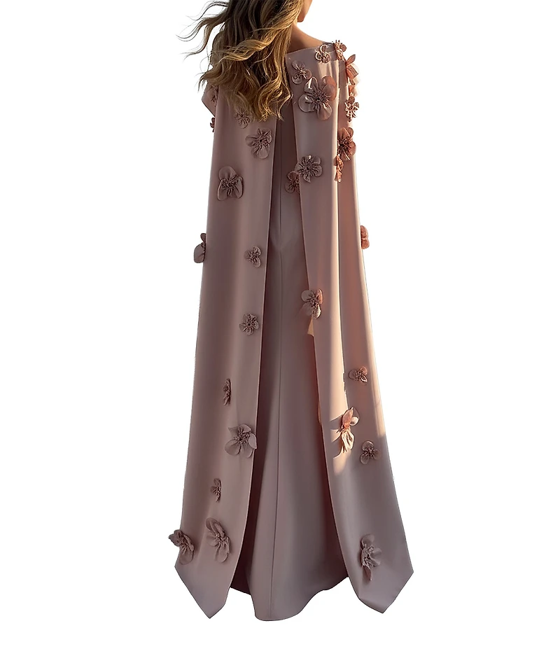 Terani Couture Crepe Cape Overlay 3D Floral Applique Sheath Dress