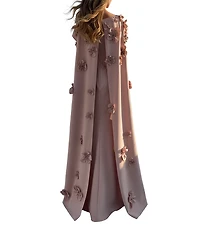 Terani Couture Crepe Cape Overlay 3D Floral Applique Sheath Dress