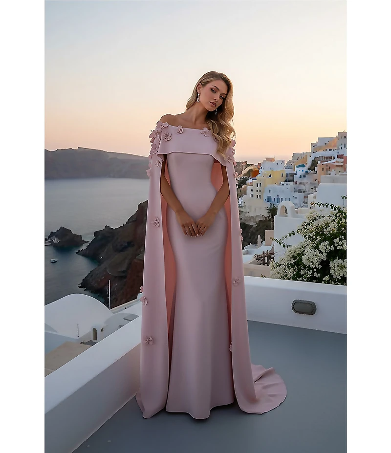 Terani Couture Crepe Cape Overlay 3D Floral Applique Sheath Dress