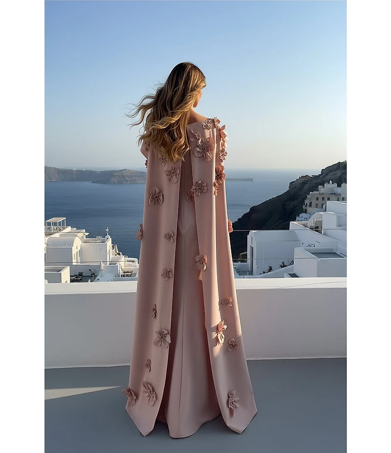 Terani Couture Crepe Cape Overlay 3D Floral Applique Sheath Dress