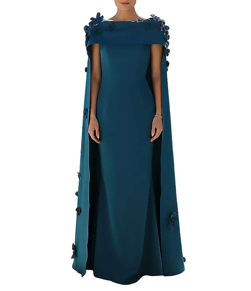 Terani Couture Crepe Cape Overlay 3D Floral Applique Sheath Dress