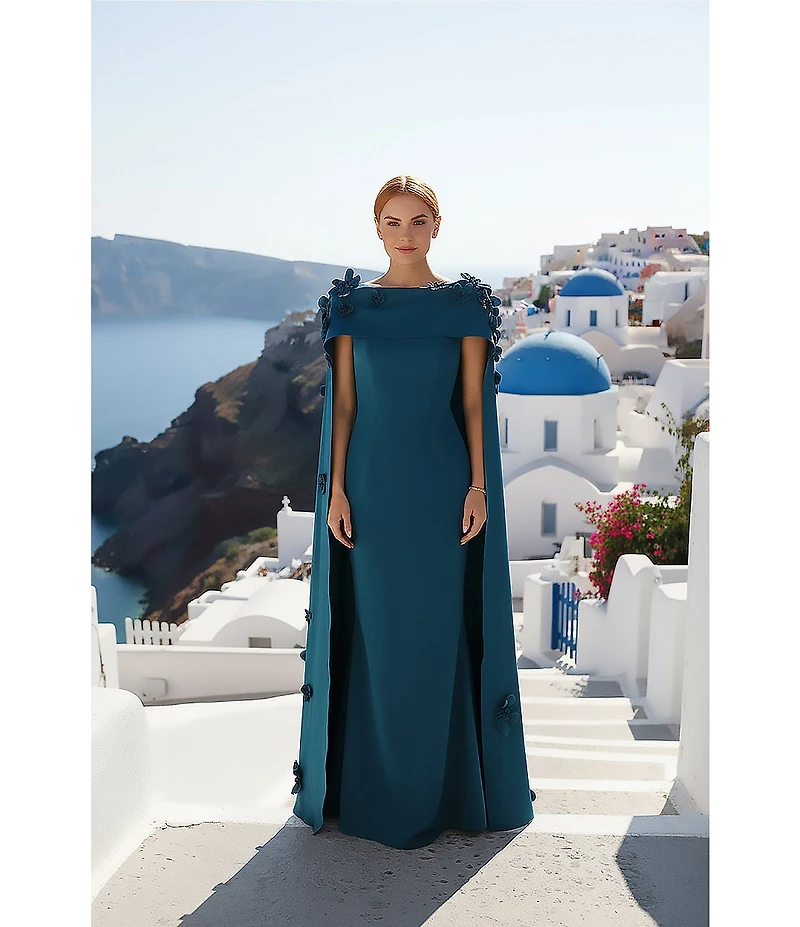 Terani Couture Crepe Cape Overlay 3D Floral Applique Sheath Dress