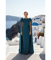 Terani Couture Crepe Cape Overlay 3D Floral Applique Sheath Dress